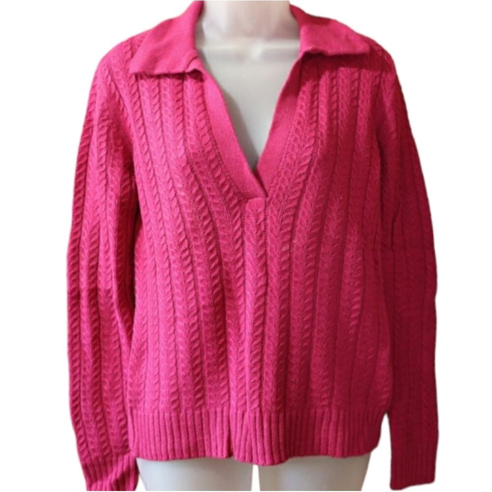 Charter Club Hot Pink Vneck Cable Knit Collared Sweater Small